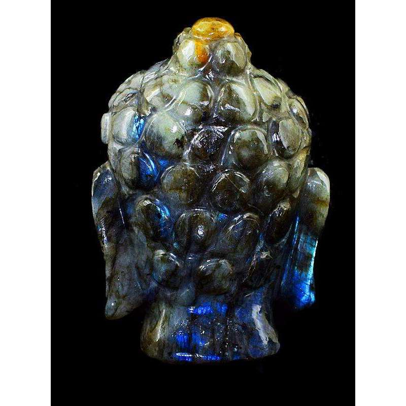 gemsmore:Genuine Labradorite Gemstone Carved Lord Buddha Head Idol