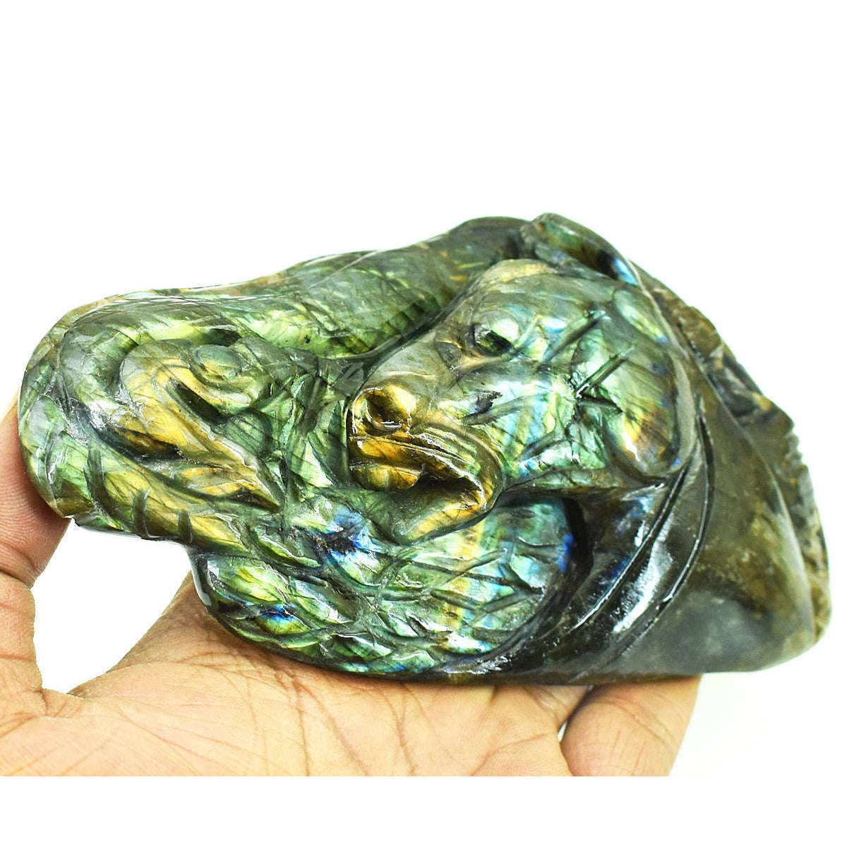 gemsmore:Genuine Labradorite Hand Carved Genuine Crystal Gemstone Carving Horse Head With Snake