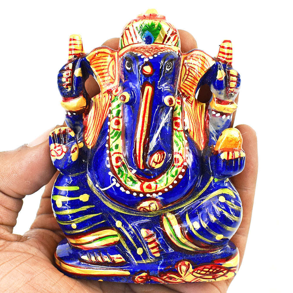 gemsmore:Genuine Lapis Lazuli Enamel Printed  Hand Carved Genuine Crystal Gemstone Carving Lord Ganesha