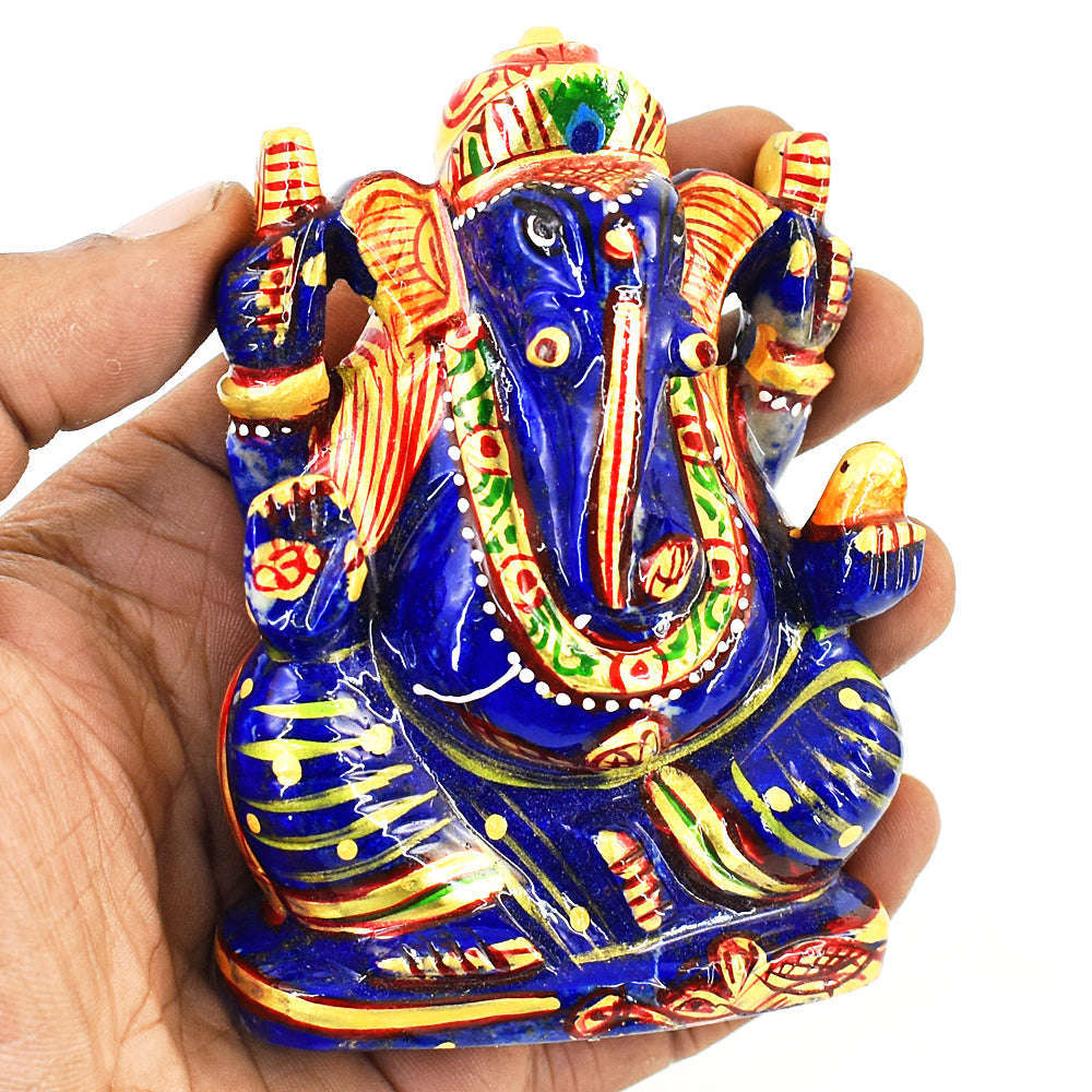 gemsmore:Genuine Lapis Lazuli Enamel Printed  Hand Carved Genuine Crystal Gemstone Carving Lord Ganesha