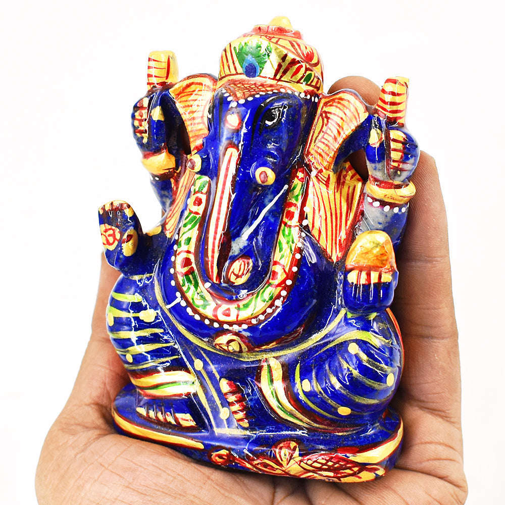 gemsmore:Genuine Lapis Lazuli Enamel Printed  Hand Carved Genuine Crystal Gemstone Carving Lord Ganesha