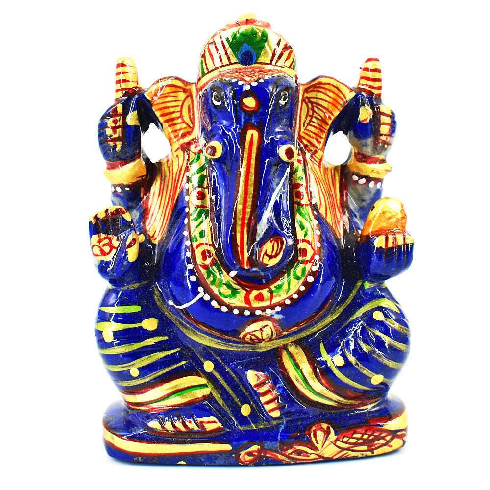 gemsmore:Genuine Lapis Lazuli Enamel Printed  Hand Carved Genuine Crystal Gemstone Carving Lord Ganesha