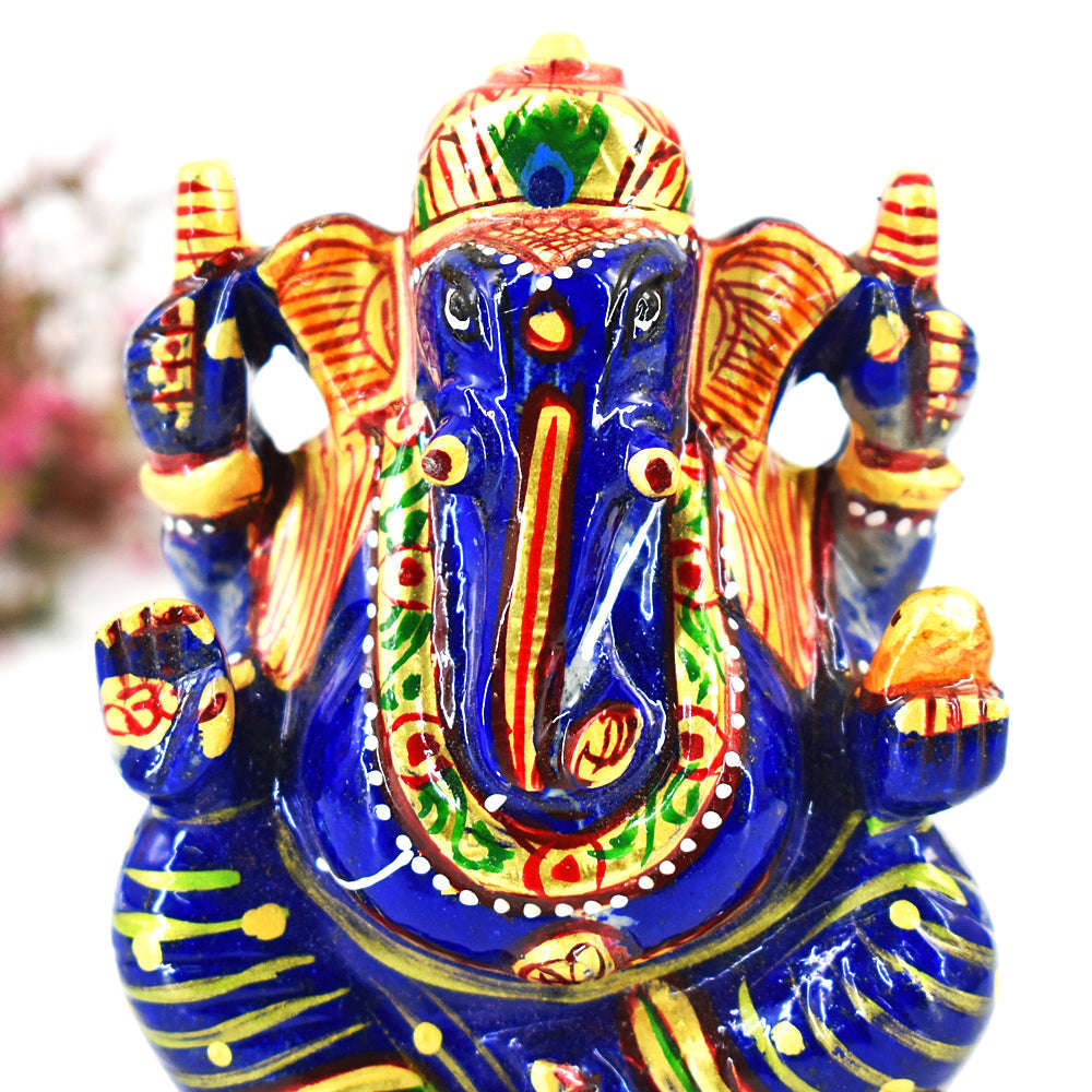 gemsmore:Genuine Lapis Lazuli Enamel Printed  Hand Carved Genuine Crystal Gemstone Carving Lord Ganesha