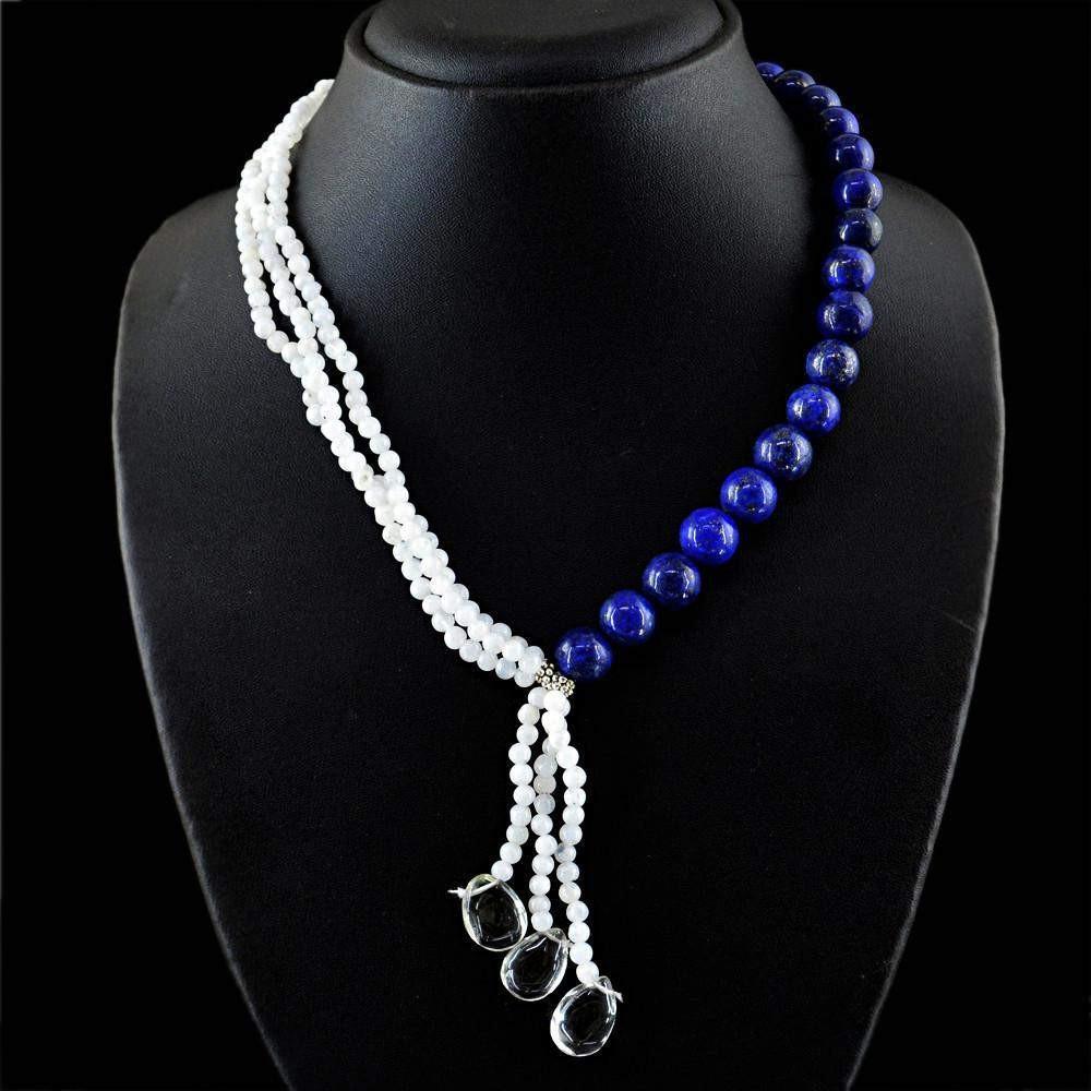 gemsmore:Genuine Natural Blue Flash Moonstone & Blue Lapis Lazuli Necklace Untreated Round Beads