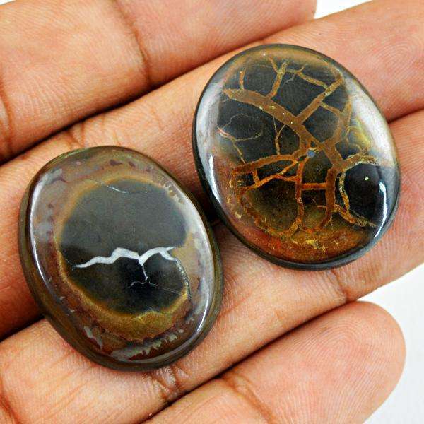 gemsmore:Genuine Oval Shape Black Septarian Agate Loose Gemstone Pair