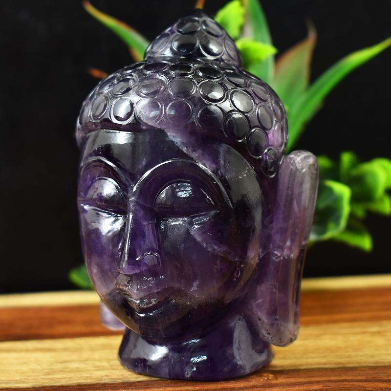 gemsmore:Genuine Purple Amethyst Hand Carved Buddha Head