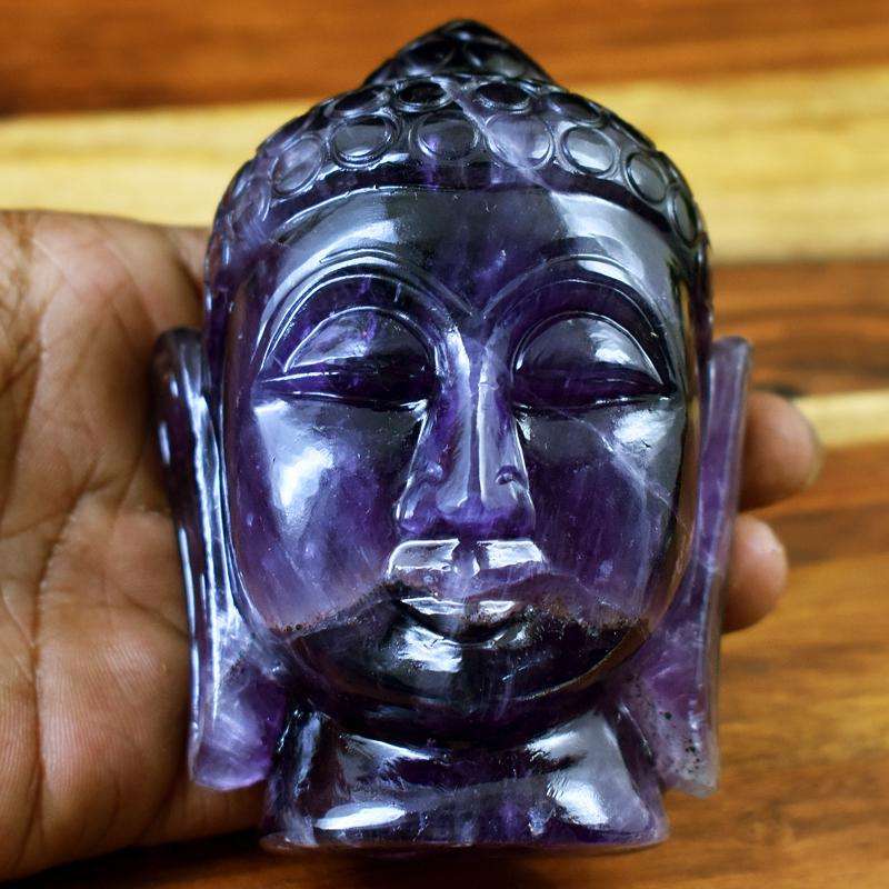 gemsmore:Genuine Purple Amethyst Hand Carved Buddha Head