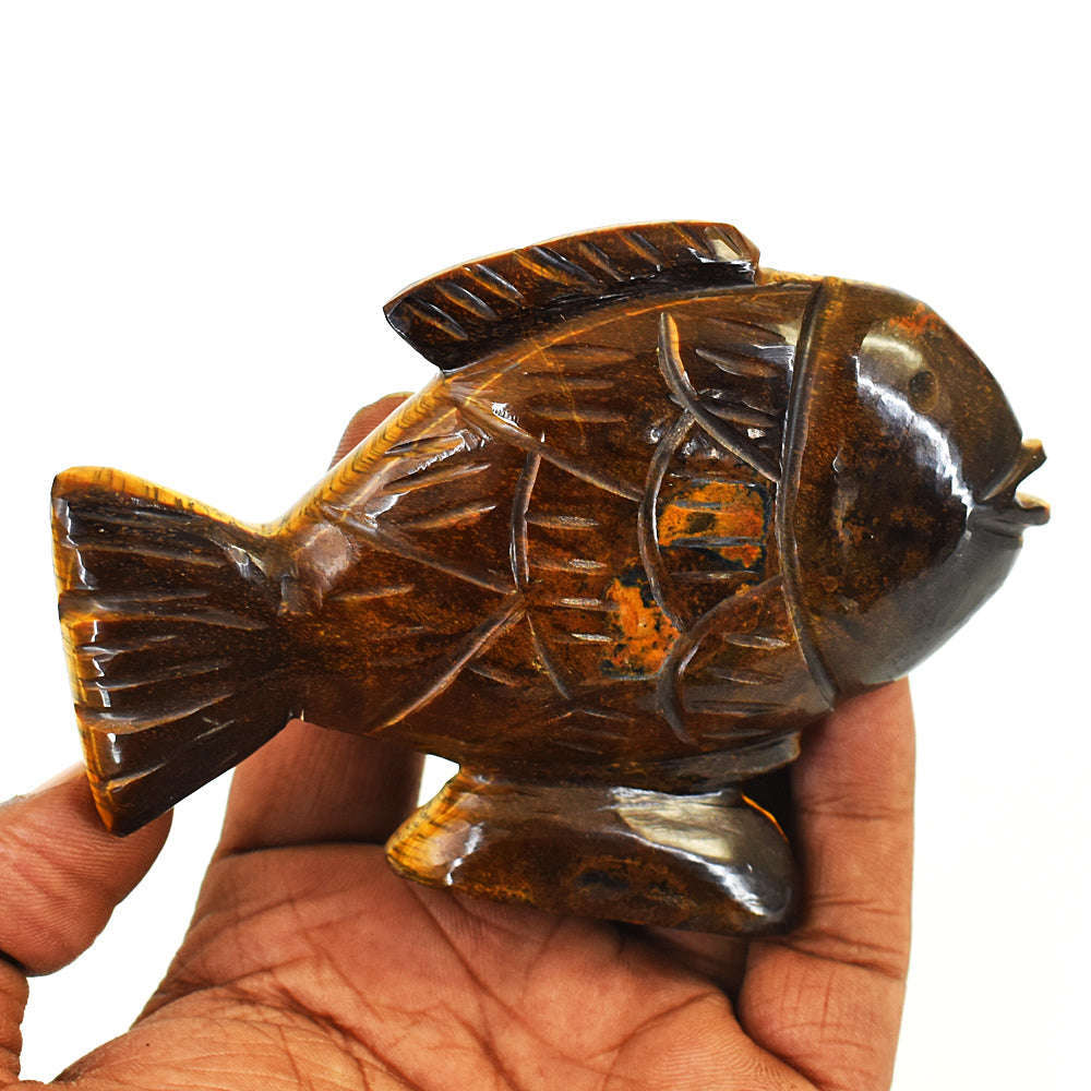 gemsmore:Genuine Tiger Eye  Hand Carved Genuine Crystal Gemstone Carving Fish