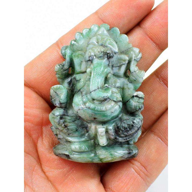 gemsmore:Genuine Untreated Rare Emerald Carved Lord Ganesha Idol