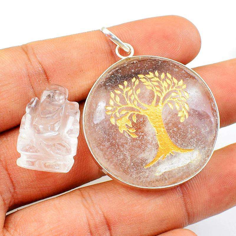 gemsmore:Genuine White Quartz Carved Ganesha & Healing Tree Pendant Set