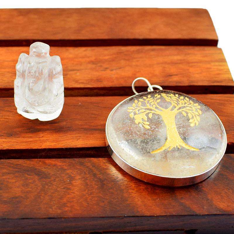 gemsmore:Genuine White Quartz Carved Ganesha & Healing Tree Pendant Set