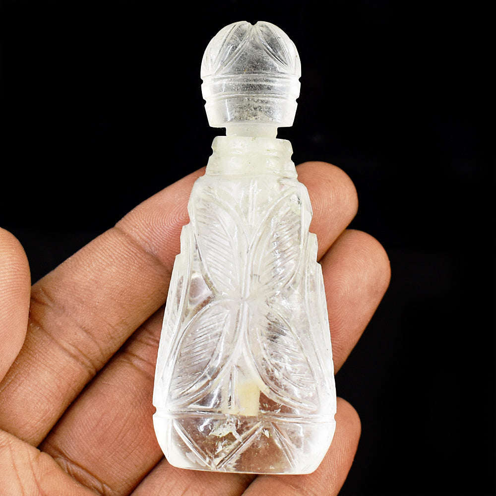 gemsmore:Genuine White Quartz  Hand Carved Genuine Crystal Gemstone Carving Perfume Bottle