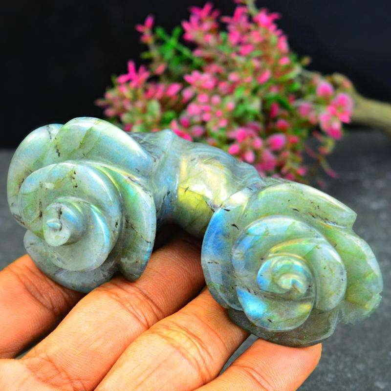 gemsmore:Golden & Blue Flash Labradorite Carved Twin Rose