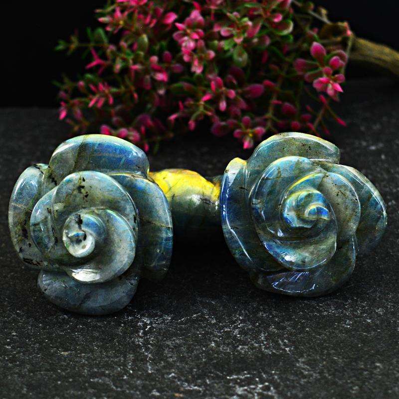 gemsmore:Golden & Blue Flash Labradorite Carved Twin Rose