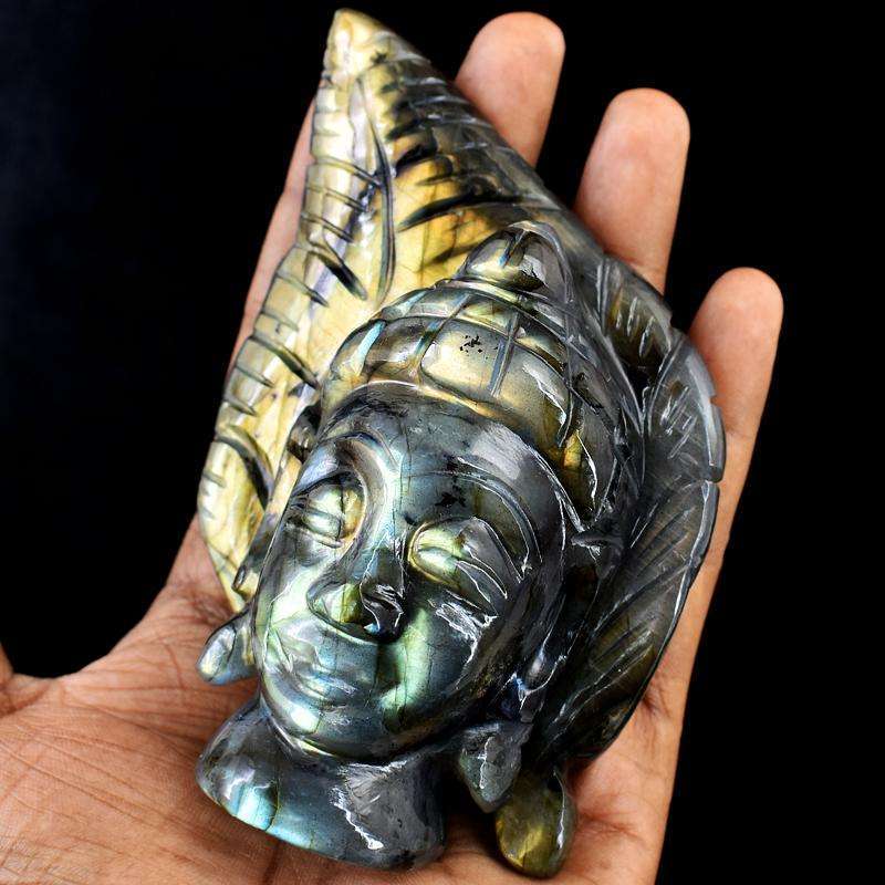 gemsmore:Golden Flash Labradorite Carved Lord Buddha Head With Leaf