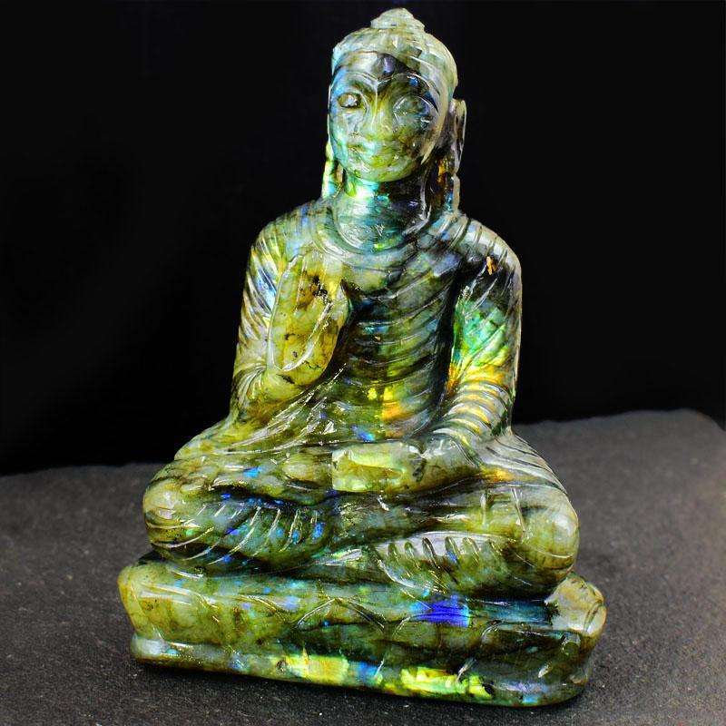 gemsmore:Golden Flash Labradorite Hand Carved Lord Buddha Idol