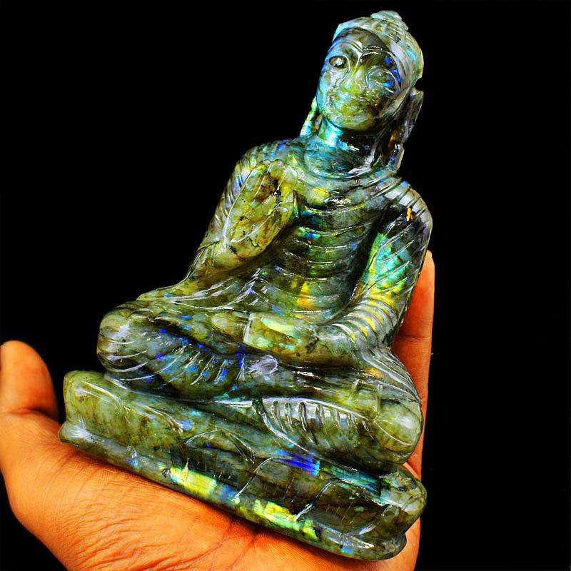 gemsmore:Golden Flash Labradorite Hand Carved Lord Buddha Idol