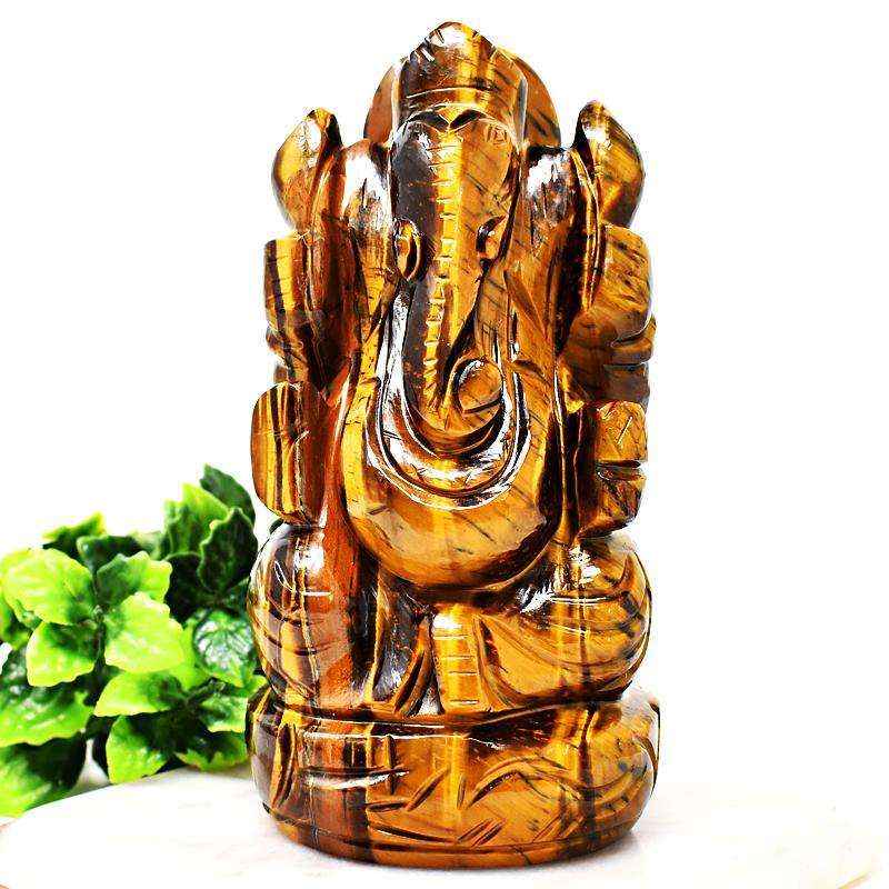 gemsmore:Golden Tiger Eye Hand Carved Lord Ganesha Idol