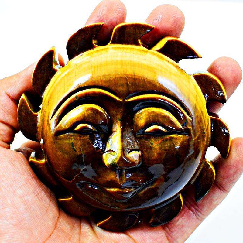 gemsmore:Golden Tiger Eye Hand Carved Sun Face