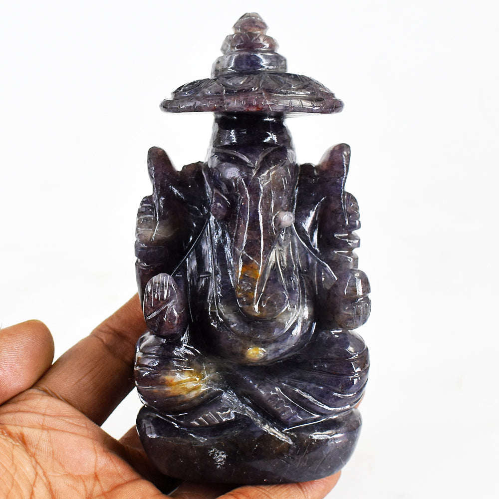 gemsmore:Gorgeous & Beautiful Blue Iolite Hand Carved Lord Ganesha With Throne