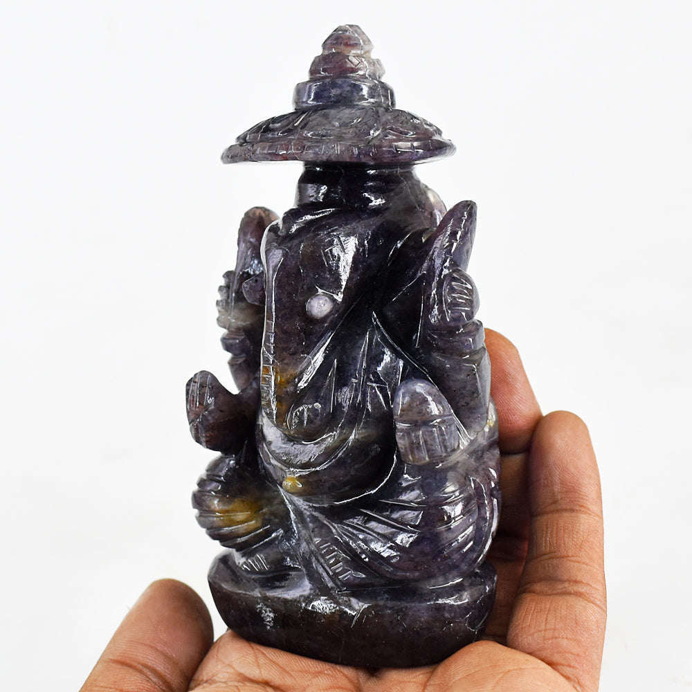 gemsmore:Gorgeous & Beautiful Blue Iolite Hand Carved Lord Ganesha With Throne