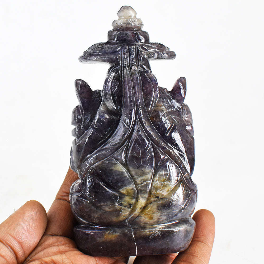 gemsmore:Gorgeous & Beautiful Blue Iolite Hand Carved Lord Ganesha With Throne