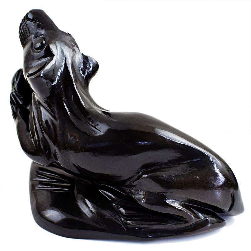 Gorgeous Black Obsidian Hand Carved Sea Lion With Fish In Hand