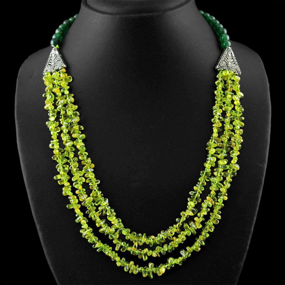 gemsmore:Green Peridot & Green Jade Necklace Natural 3 Strand Untreated Beads