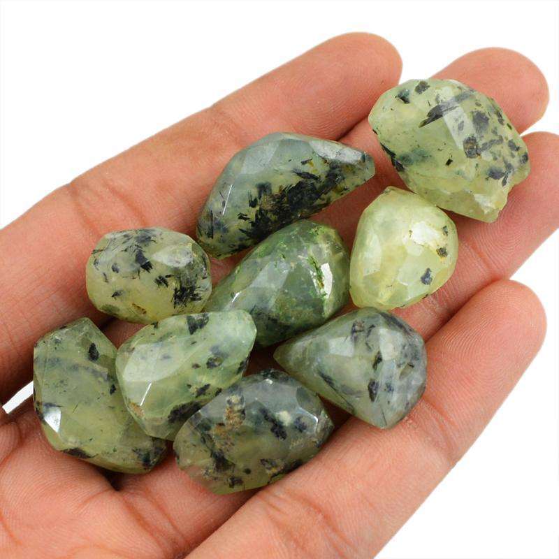 gemsmore:Green Phrenite Drilled Beads Lot Natural Unheated Faceted