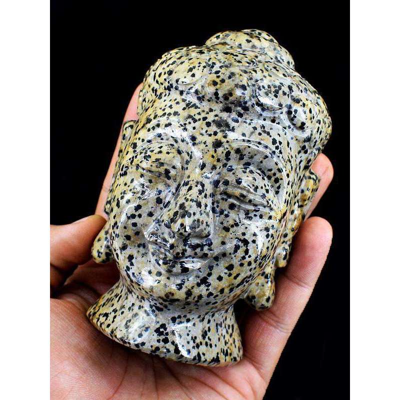 gemsmore:Hand Carved Dalmatian Jasper Lord Buddha Head