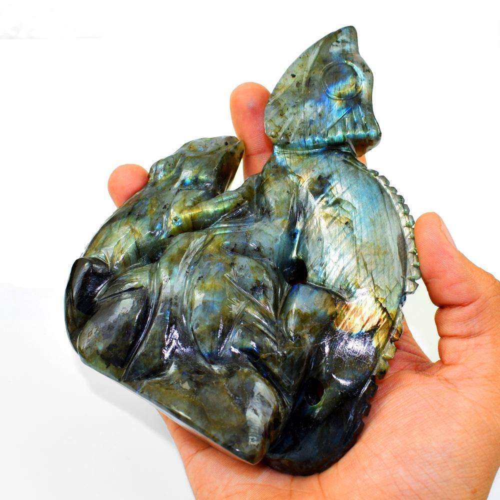 gemsmore:Hand Carved Golden & Blue Flash Labradorite Lizard And Its Baby