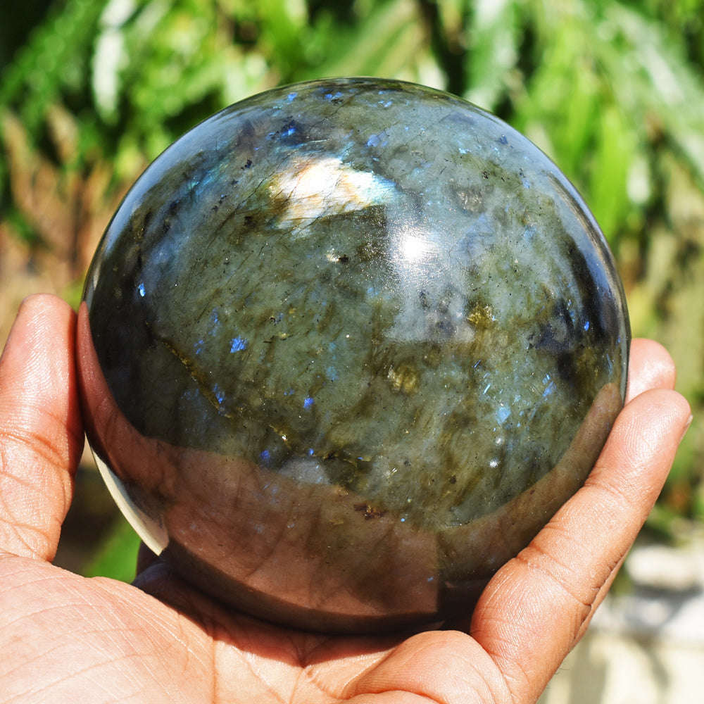 gemsmore:Massive Size Blue & Golden Flash Labradorite Carved Crystal Healing Sphere