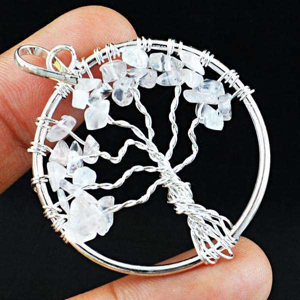 gemsmore:Natural Amazing Pink Rose Quartz Round Shape Healing Tree Pendant