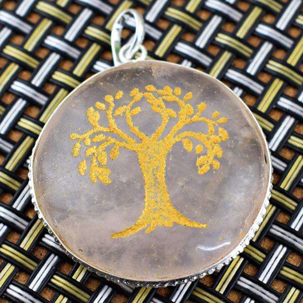 gemsmore:Natural Amazing Pink Rose Quartz Round Shape Healing Tree Pendant