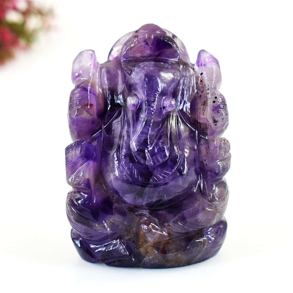 gemsmore:Natural Amethyst  Hand Carved Genuine Crystal Gemstone Carving Lord Ganesha