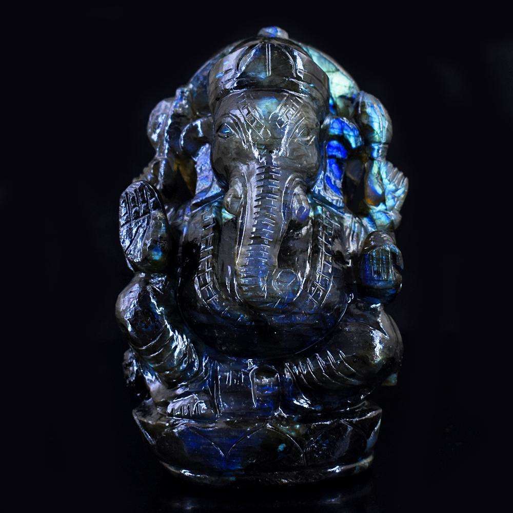 gemsmore:Natural Blue Flash Labradorite Hand Carved Lord Ganesha