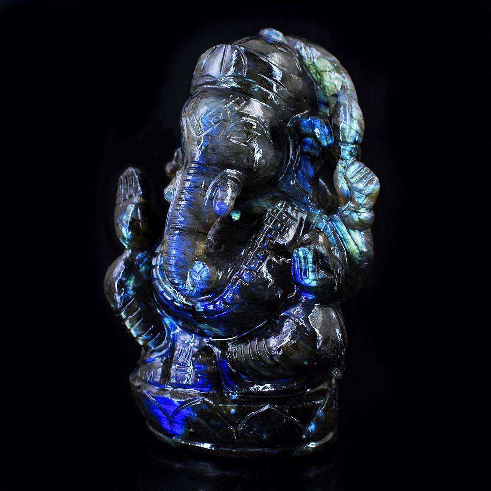 gemsmore:Natural Blue Flash Labradorite Hand Carved Lord Ganesha