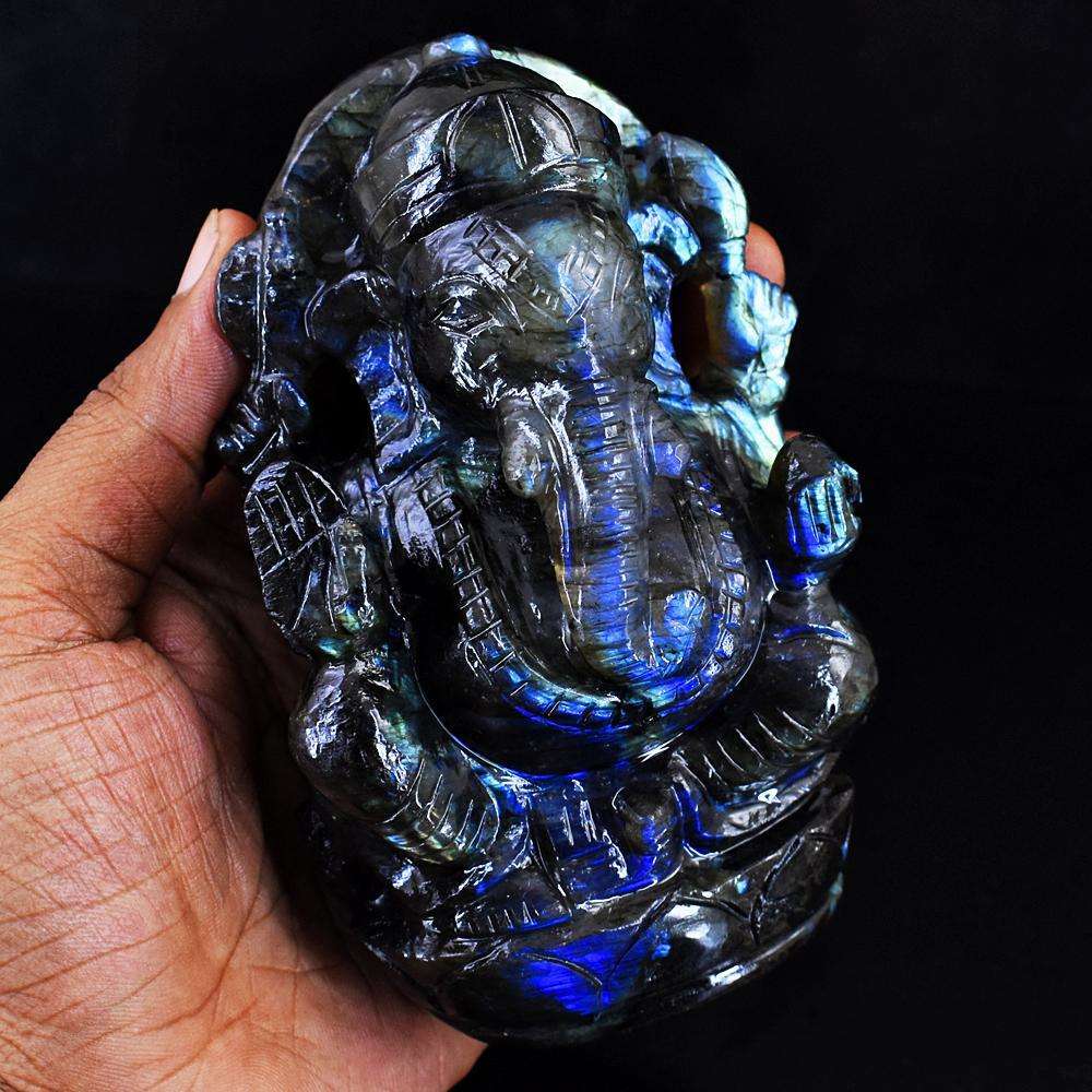 gemsmore:Natural Blue Flash Labradorite Hand Carved Lord Ganesha