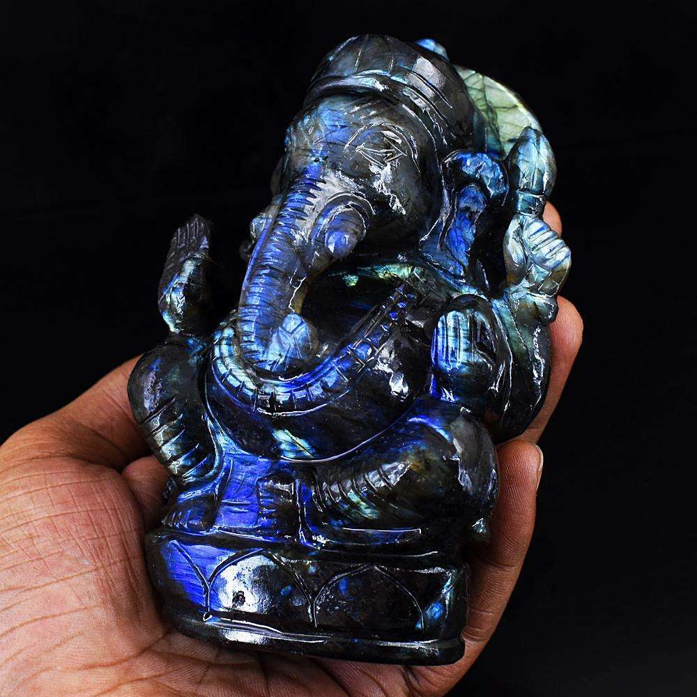 gemsmore:Natural Blue Flash Labradorite Hand Carved Lord Ganesha