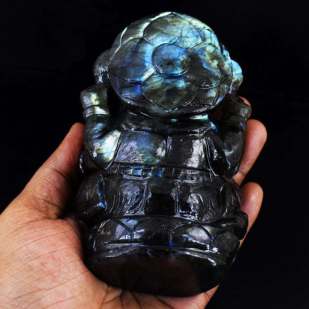 gemsmore:Natural Blue Flash Labradorite Hand Carved Lord Ganesha