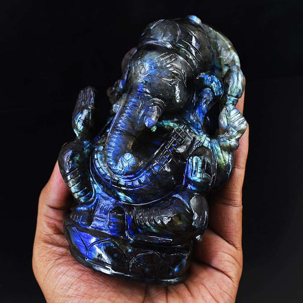 gemsmore:Natural Blue Flash Labradorite Hand Carved Lord Ganesha