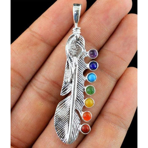 gemsmore:Natural Feather Seven Chakra Untreated Healing Pendant