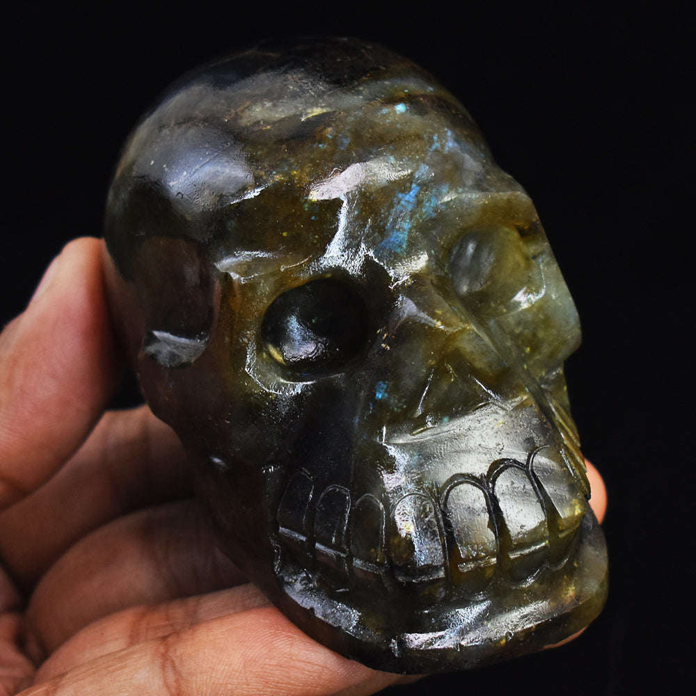 gemsmore:Natural  Golden & Blue Flash Labradorite Hand Carved Gemstone Skull
