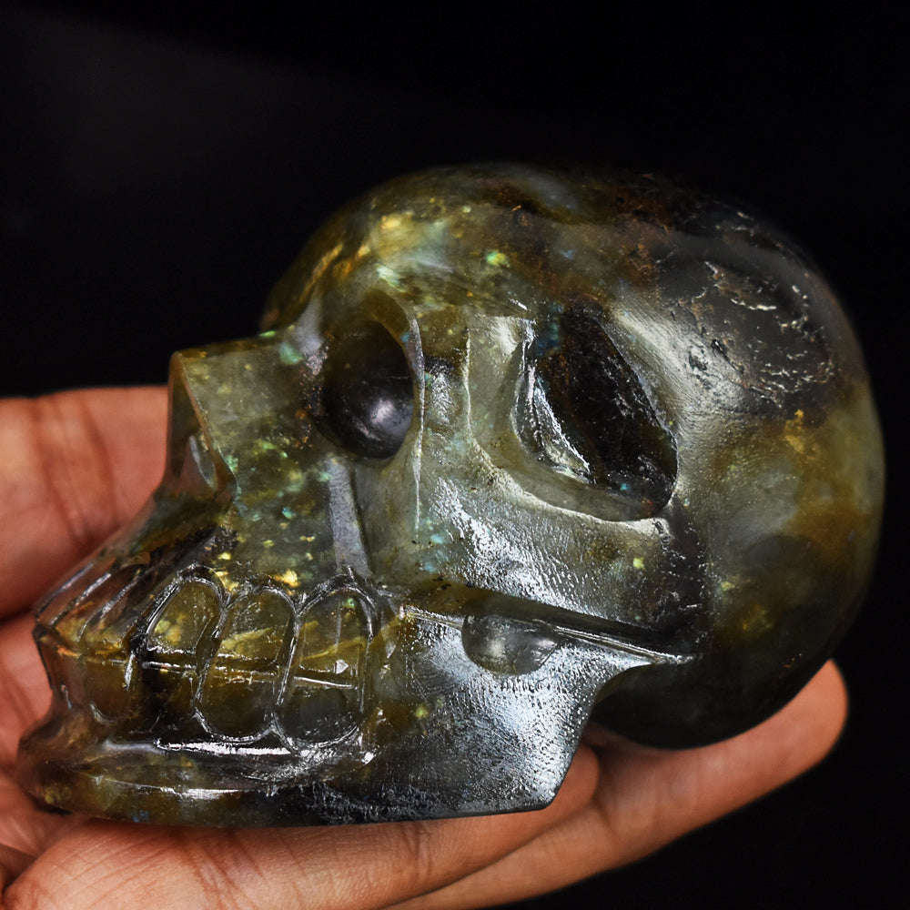 gemsmore:Natural  Golden & Blue Flash Labradorite Hand Carved Gemstone Skull