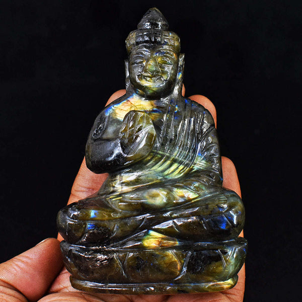 gemsmore:Natural  Golden  Flash Labradorite Carved Buddha Peace Idol