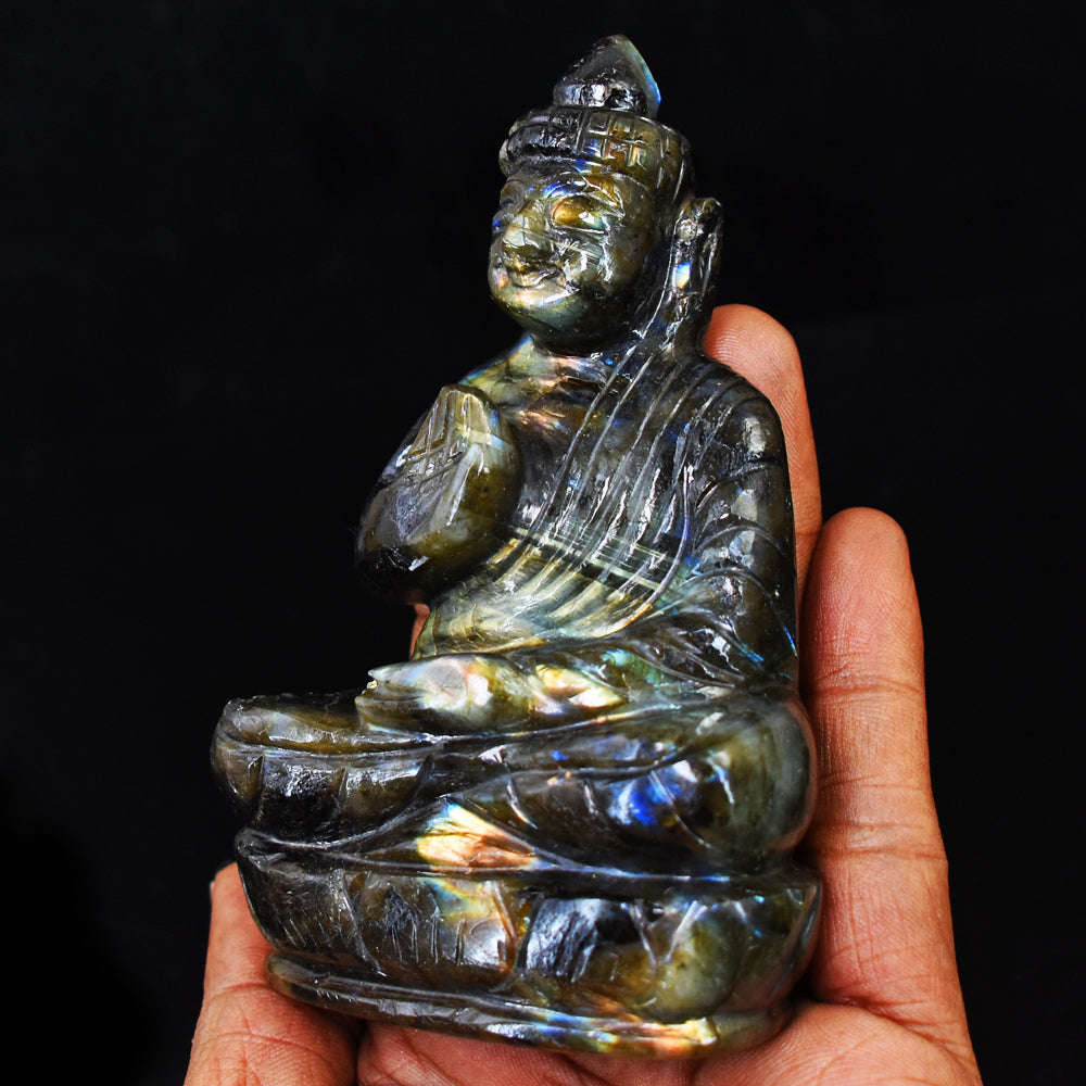 gemsmore:Natural  Golden  Flash Labradorite Carved Buddha Peace Idol