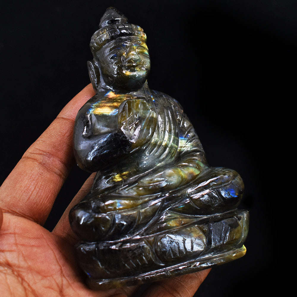 gemsmore:Natural  Golden  Flash Labradorite Carved Buddha Peace Idol