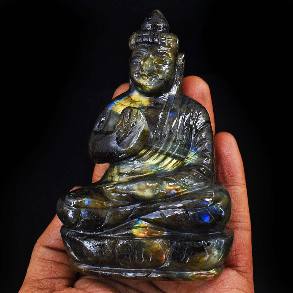 gemsmore:Natural  Golden  Flash Labradorite Carved Buddha Peace Idol