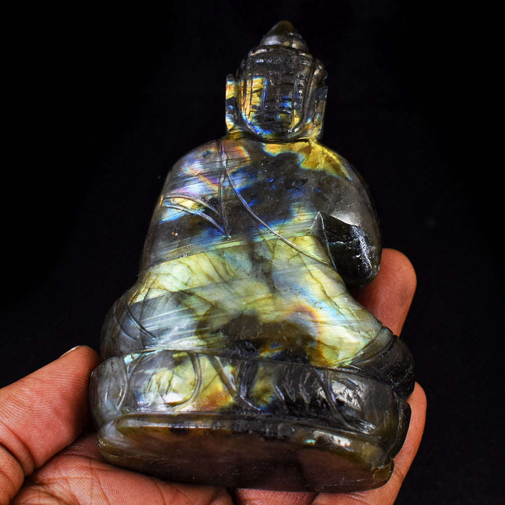 gemsmore:Natural  Golden  Flash Labradorite Carved Buddha Peace Idol