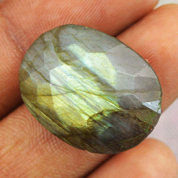 gemsmore:Natural Golden Flash Labradorite Checkered Cut Oval Shape Gemstone